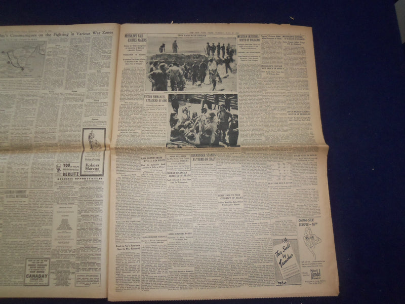 1943 JULY 27 NEW YORK TIMES - ITALY PUT UNDER MARTIAL LAW BY BADOGLIO - NP 6546