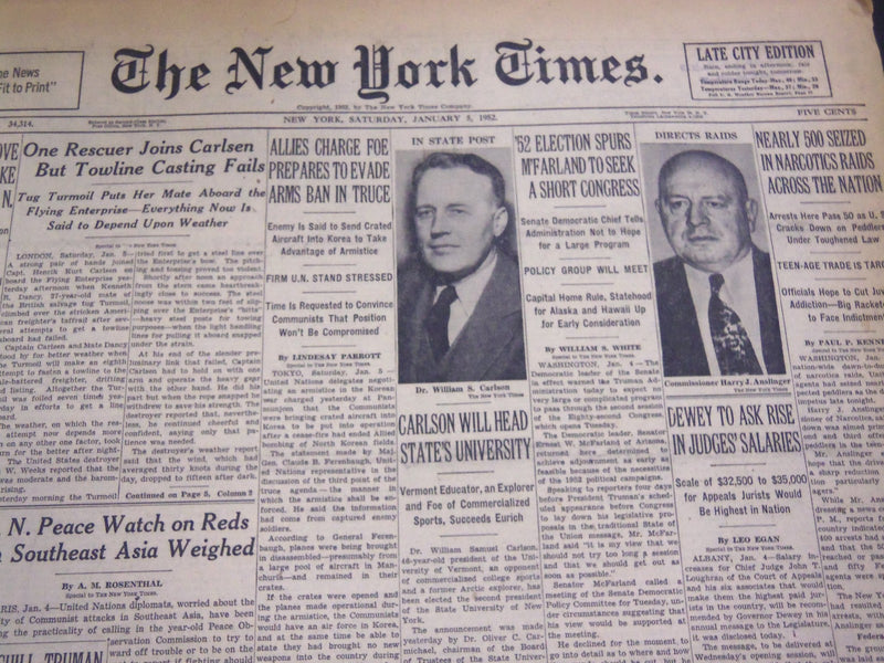 1952 JANUARY 5 NEW YORK TIMES - CARLSON WILL HEAD STATE'S UNIVERSITY - NT 4587