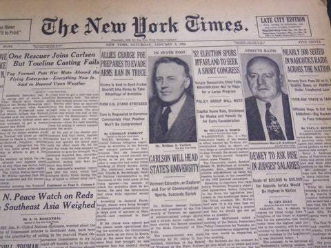 1952 JANUARY 5 NEW YORK TIMES - CARLSON WILL HEAD STATE'S UNIVERSITY - NT 4587