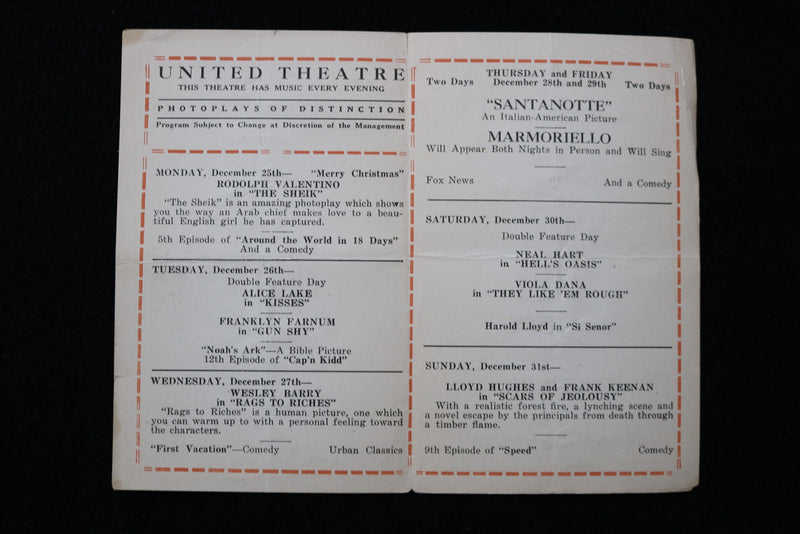 1920'S UNITED THEATRE MOVIE LISTINGS - LOT OF 3 - BROOKLYN, NEW YORK - K 2869