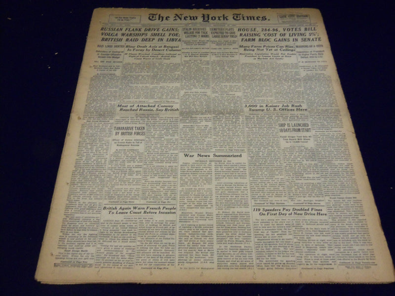 1942 SEPT 24 NEW YORK TIMES - RUSSIAN FLANK GAINS VOLGA WARSHIPS SHELL - NT 919