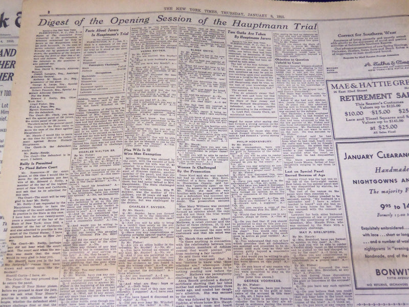 1935 JAN 3 NEW YORK TIMES 10 HAUPTMANN JURORS, 4 WOMEN, QUICKLY CHOSEN - NT 1942
