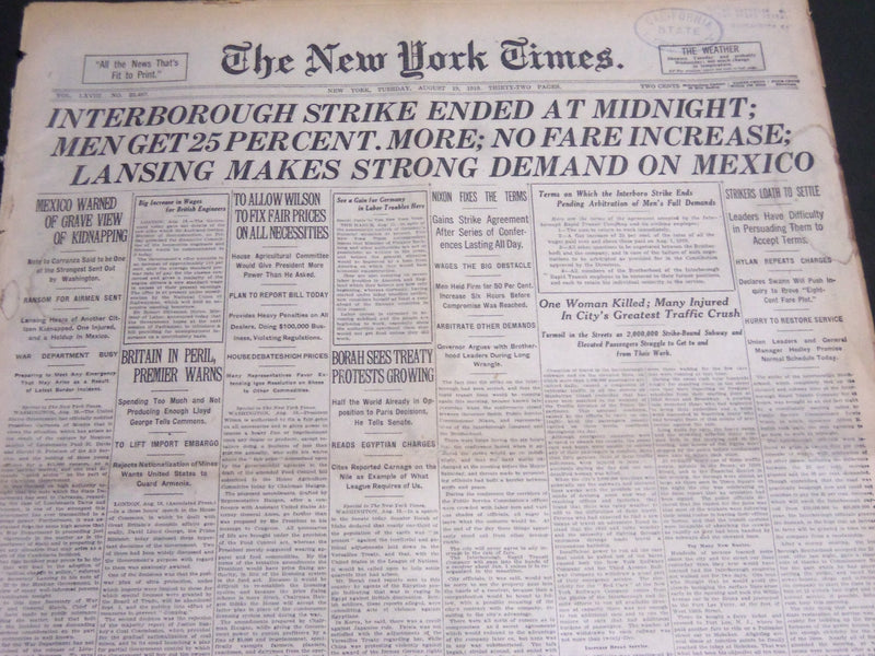 1919 AUGUST 19 NEW YORK TIMES - AUGUST INTERBOROUGH STRIKE ENDED - NT 6960