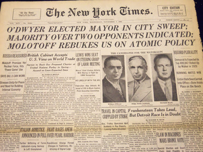 1945 NOVEMBER 7 NEW YORK TIMES - O'DWYER ELECTED MAY IN CITY SWEEP - NT 272