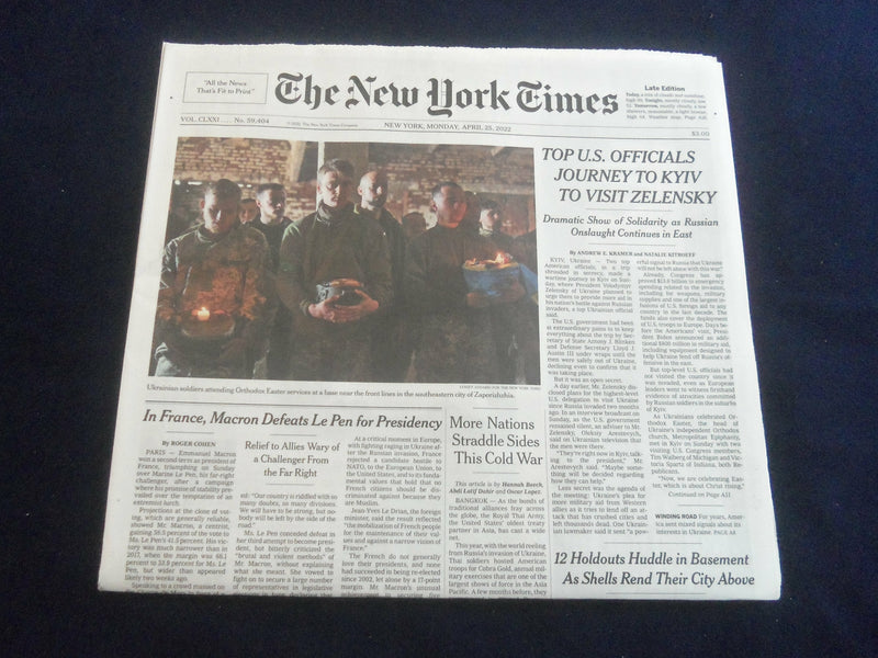 2022 APRIL 25 NEW YORK TIMES -TOP U.S. OFFICIALS JOURNEY TO KYIV, VISIT ZELENSKY