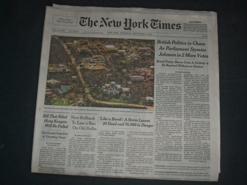 2019 SEP 5 NEW YORK TIMES - BRITISH POLITICS IN CHAOS, STYMIES 2 JOHNSON VOTES