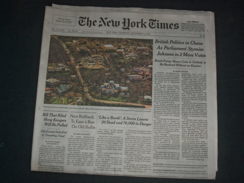 2019 SEP 5 NEW YORK TIMES - BRITISH POLITICS IN CHAOS, STYMIES 2 JOHNSON VOTES