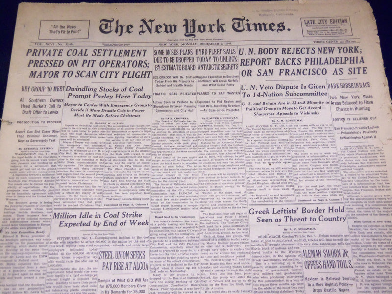 1946 DECEMBER 2 NEW YORK TIMES - U. N. BODY REJECTS NEW YORK - NT 2964