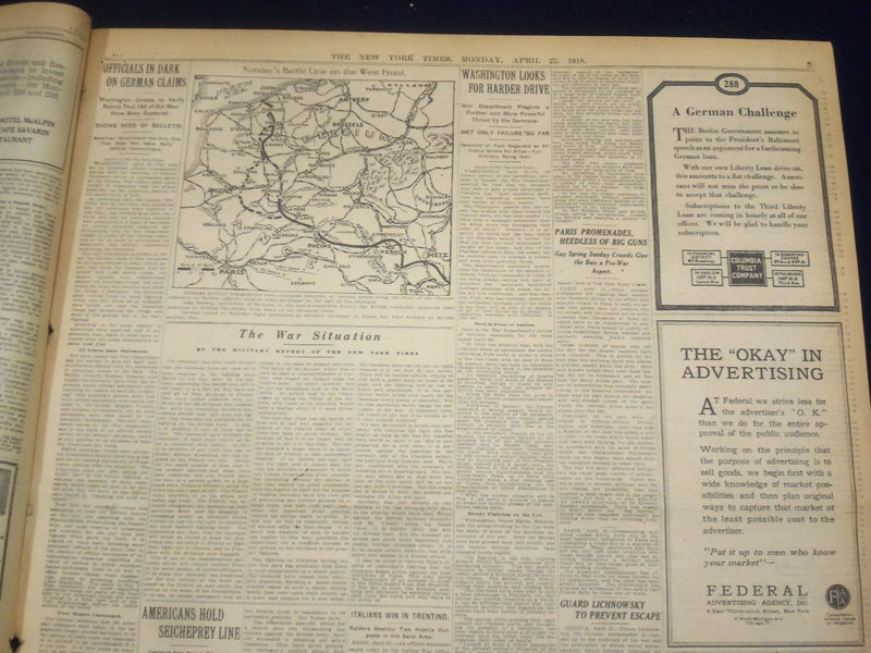 1918 APRIL 22 NEW YORK TIMES- FRENCH AND AMERICANS REGAIN LOST TRENCHES- NT 8220