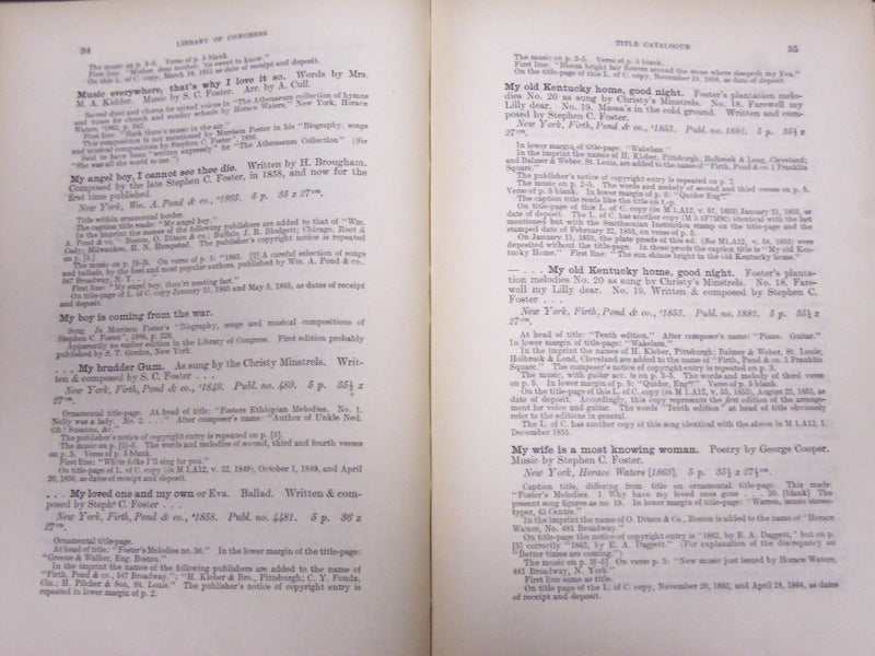 1915 LIBRARY OF CONGRESS CATALOGUE OF FIRST EDITIONS OF STEPHEN FOSTER - KD 3658
