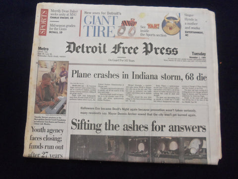 1994 NOV 1 DETROIT FREE PRESS NEWSPAPER - PLANE CRASH IN INDIANA STORM - NP 7238