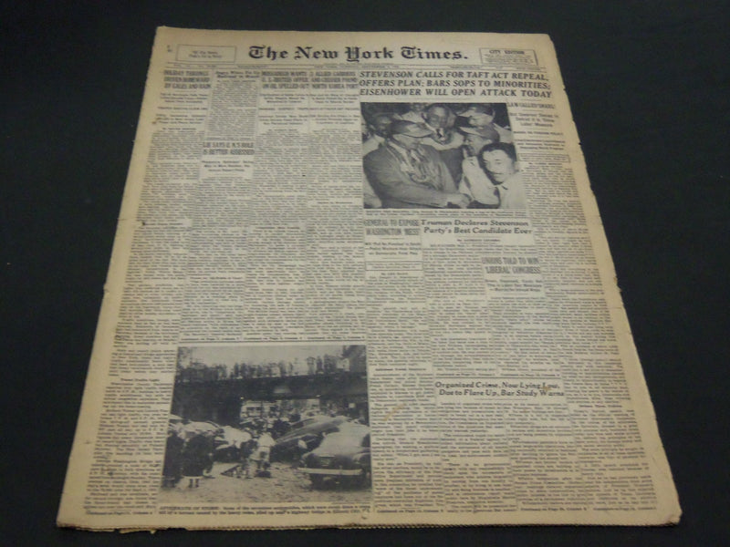 1952 SEPTEMBER 2 NEW YORK TIMES - STEVENSON CALLS FOR TAFT ACT REPEAL - NT 4500
