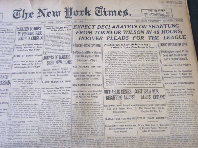 1919 JULY 28 NEW YORK TIMES - EXPECT DECLARATION ON SHANTUNG - NT 6435