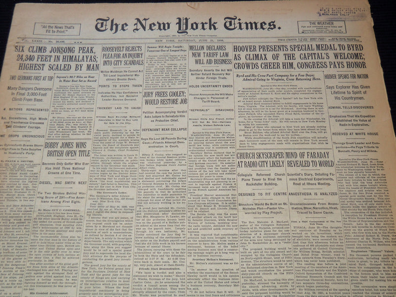 1930 JUNE 21 NEW YORK TIMES NEWSPAPER - BOBBY JONES WINS BRITISH OPEN - NT 9433
