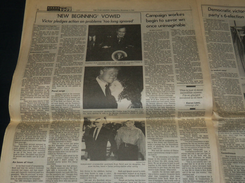 1992 NOVEMBER 4 THE STAR-LEDGER NEWSPAPER - CLINTON ROUTS BUSH - NP 4907