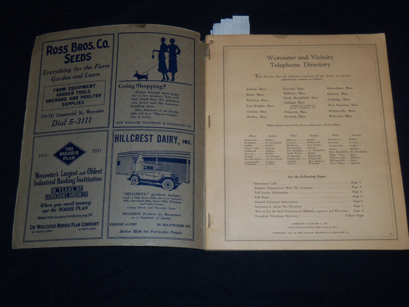 1931 WINTER & SPRING WORCESTER TELEPHONE DIRECTORY BOOK - J 8805