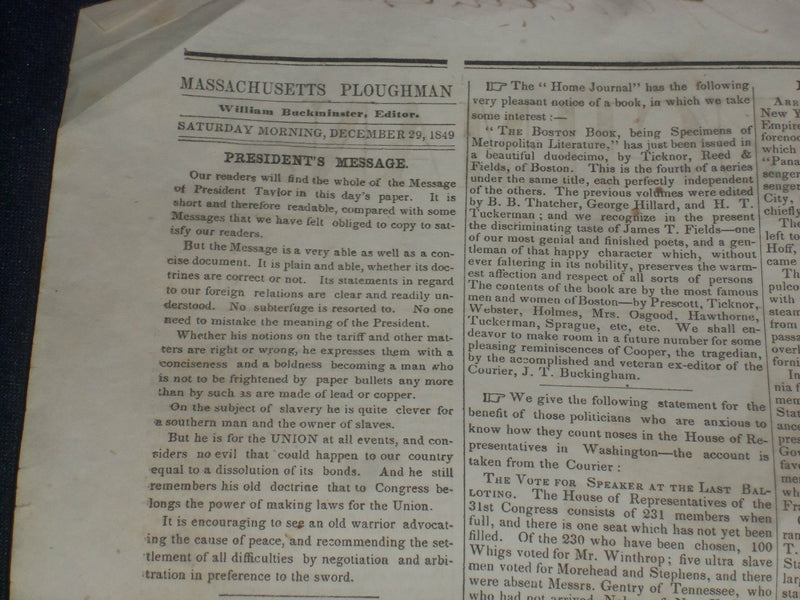1849 DEC 29 MASSACHUSETTS PLOUGHMAN NEWSPAPER - ZACHARY TAYLOR ADDRESS - NP 5175