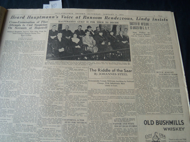 1935 JANUARY 5 PHILADELPHIA RECORD NEWSPAPER - HE'S THE MAN LINDY - NT 7252