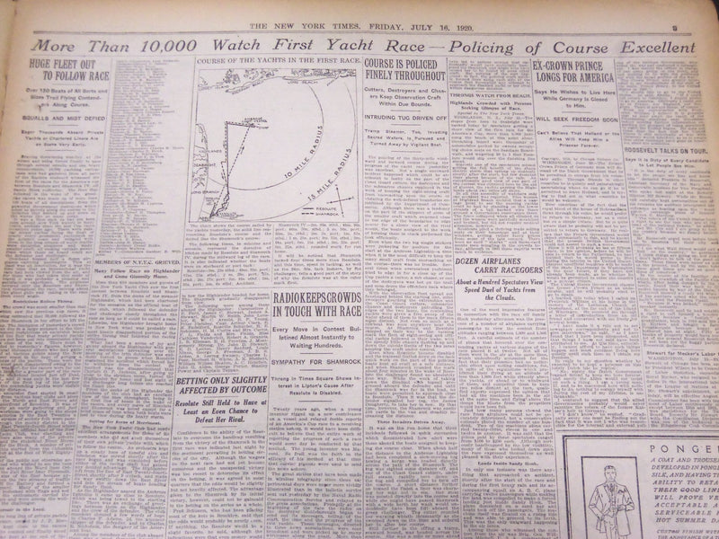 1920 JULY 16 NEW YORK TIMES - RESOLUTE DISABLED, SHAMROCK WON RACE - NT 5368