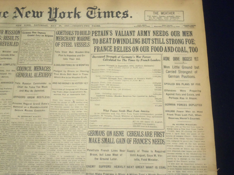 1917 MAY 26 NEW YORK TIMES - PETAIN'S ARMY NEEDS OUR MEN - NT 9147