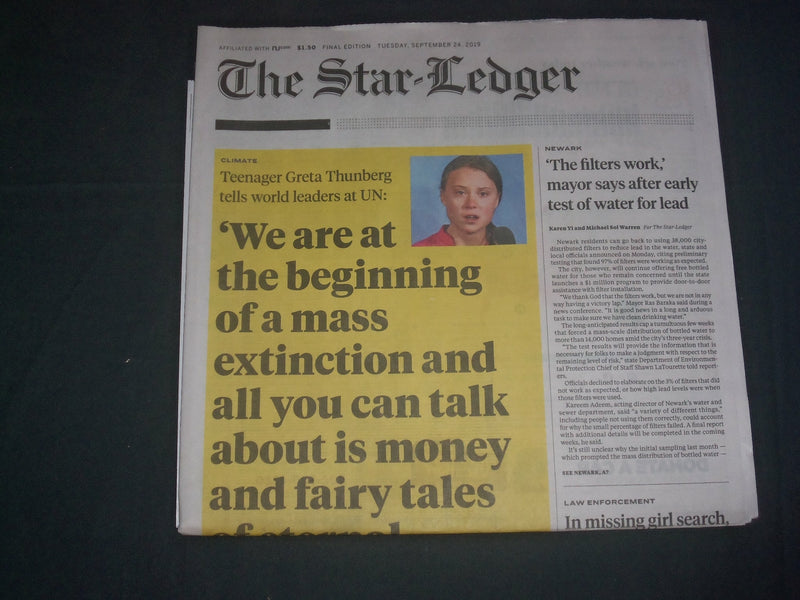 2019 SEPTEMBER 24 THE STAR-LEDGER NEWSPAPER - TEENAGER GRETA THUNBERG AT U.N.