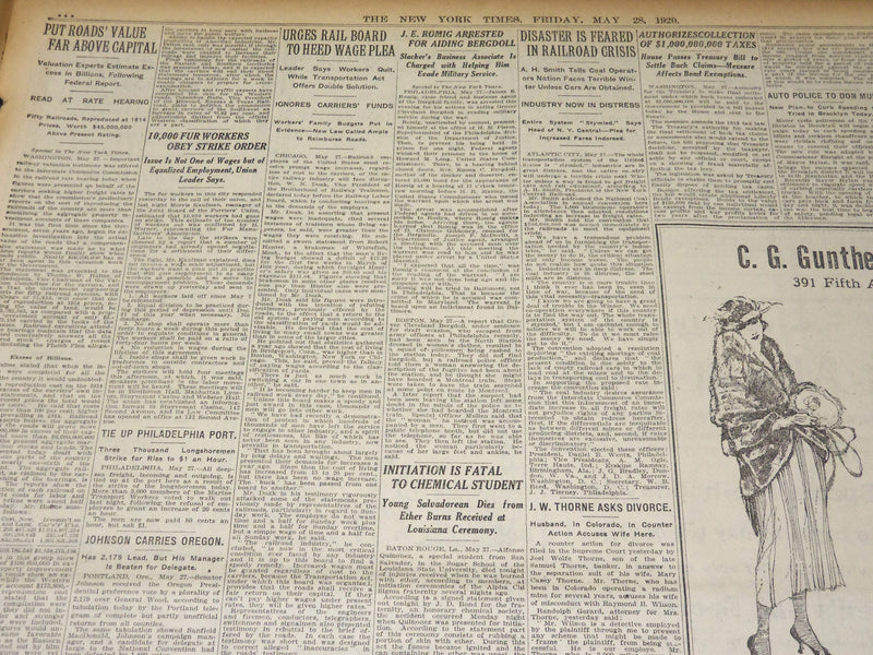 1920 MAY 28 NEW YORK TIMES - WILSON BETOES RESOLUTION, RUTH 2 HOMERS - NT 8680