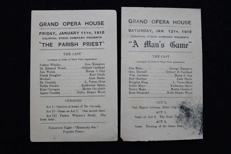 1919 JANUARY 11 & 12 GRAND OPERA HOUSE PROGRAMS - LOT OF 2 - K 1873