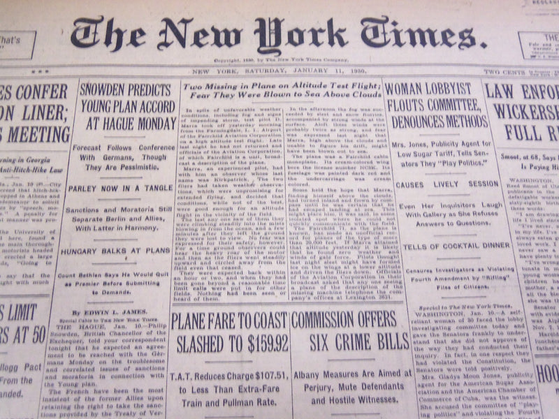 1930 JANUARY 11 NEW YORK TIMES - MARRA MISSING IN TEST FLIGHT - NT 4191