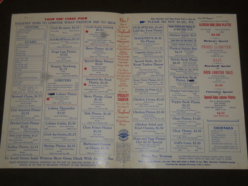 1956-1957 HACKNEY'S RESTAURANT MENUS LOCATED IN ATLANTIC CITY NEW JERSEY- O 2282