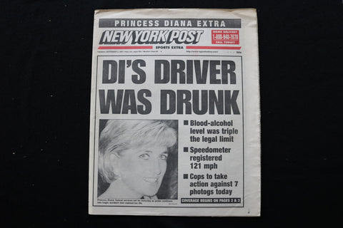 1997 SEP 2 NEW YORK POST NEWSPAPER -PROINCESS DIANA'S DRIVER WAS DRUNK - NP 8917