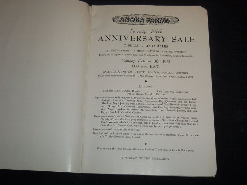 1951 ANOKA FARMS 25TH ANNIVERSRAY BREEDERS' CATTLE SALE CATALOG - J 9223