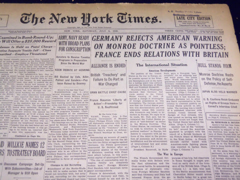 1940 JULY 6 NEW YORK TIMES - GERMANY REJECTS AMERICAN WARNING - NT 2546
