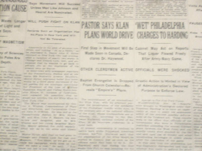 1922 NOVEMBER 27 NEW YORK TIMES - PASTOR SAYS KLAN PLANS WORLD DRIVE - NT 8434
