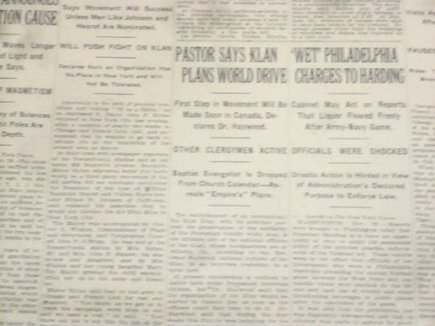 1922 NOVEMBER 27 NEW YORK TIMES - PASTOR SAYS KLAN PLANS WORLD DRIVE - NT 8434