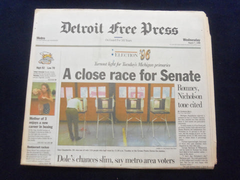 1996 AUGUST 7 DETROIT FREE PRESS NEWSPAPER - A CLOSE RACE FOR SENATE - NP 7273