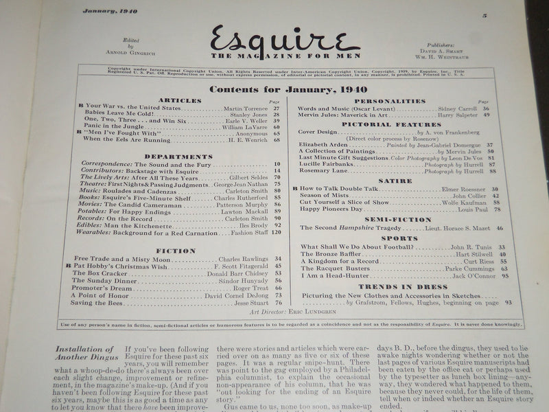1940 JAN ESQUIRE MAGAZINE - GEORGE PETTY ILLUSTRATION - COVER AND ADS - ST 5057