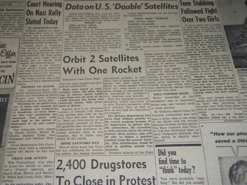 1960 JUNE 22 NY JOURNAL AMERICAN NEWSPAPER - U. S. ORBITS 2 MOONS - NP 2924
