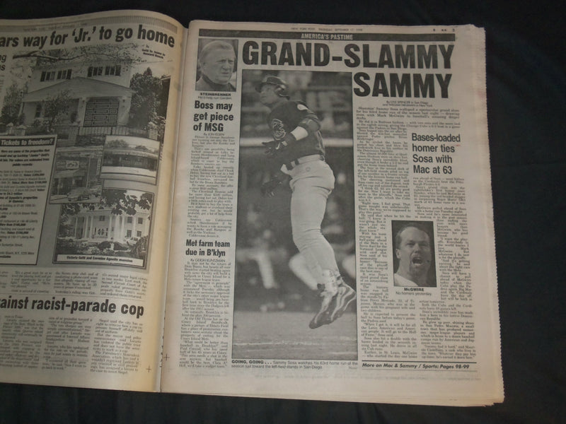 1998 SEPTEMBER 17 NEW YORK POST NEWSPAPER - SAMMY SOSA HITS HR 63 - NP 4130