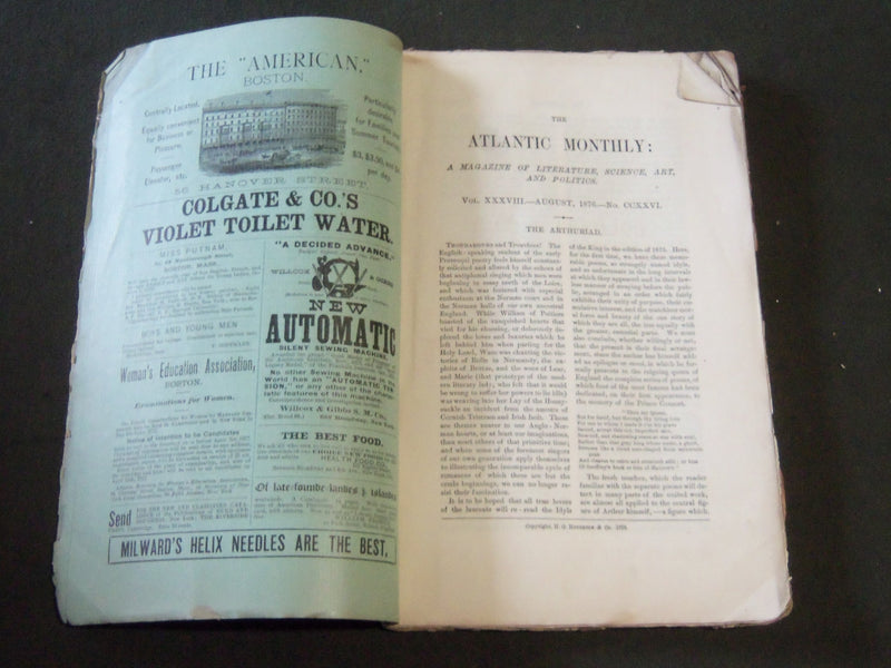 1876 THE ATLANTIC MONTHLY MAGAZINE LOT OF 9 - O. W. HOLMES - JEWETT - WR 308