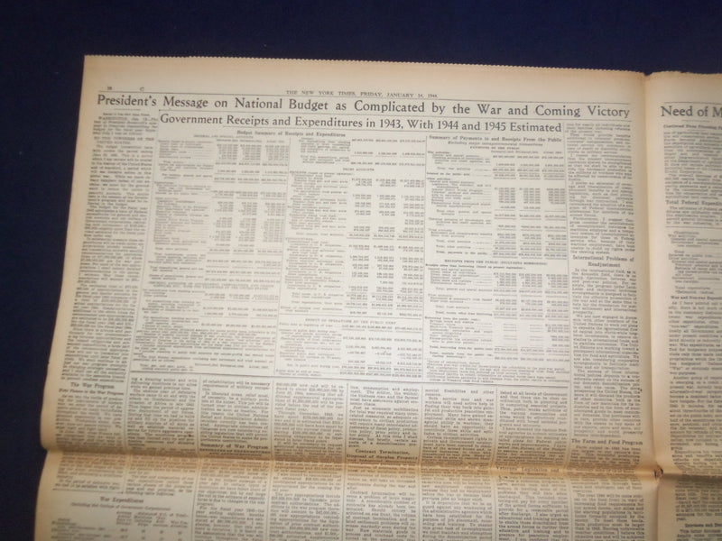 1944 JAN 14 NEW YORK TIMES-ROOSEVELT PRESENTS $99,769,000,000 WAR BUDGET-NP 6554