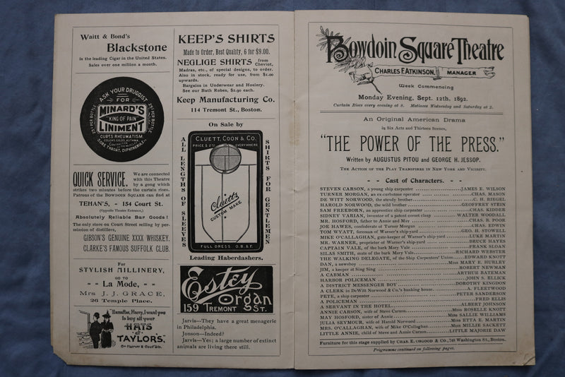1892-1893 BOWDOIN SQUARE THEATRE PROGRAM - LOT OF 4 - BOSTON, MA - K 2608