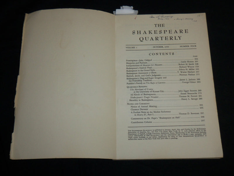 1950 OCTOBER THE SHAKESPEARE QUARTERLY MAGAZINE - VOLUME 1 NO. 4 - J 6820