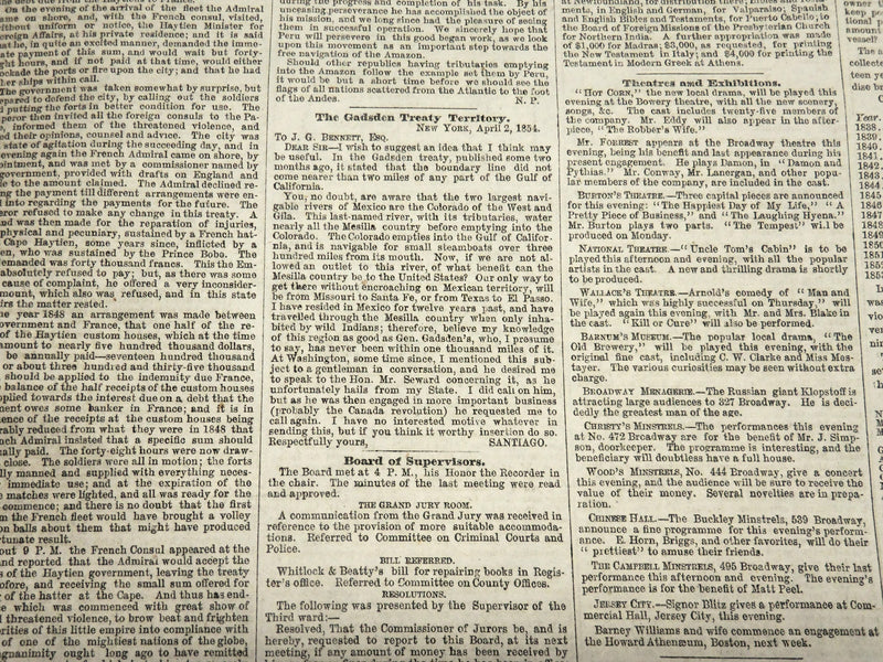 1854 APRIL 8 NEW YORK HERALD NEWSPAPER - GADSDEN TREATY - 33RD CONGRESS- NP 4892