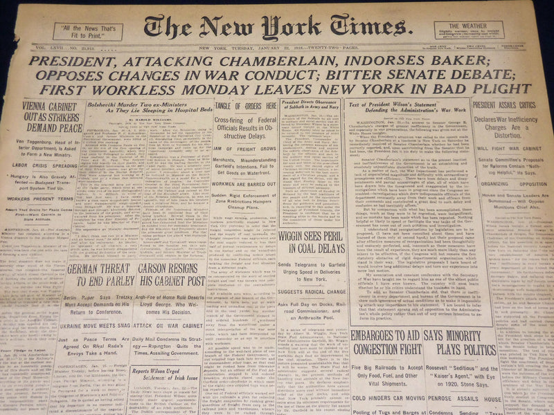 1918 JANUARY 22 NEW YORK TIMES NEWSPAPER - PRESIDENT INDORSES BAKER - NT 7940
