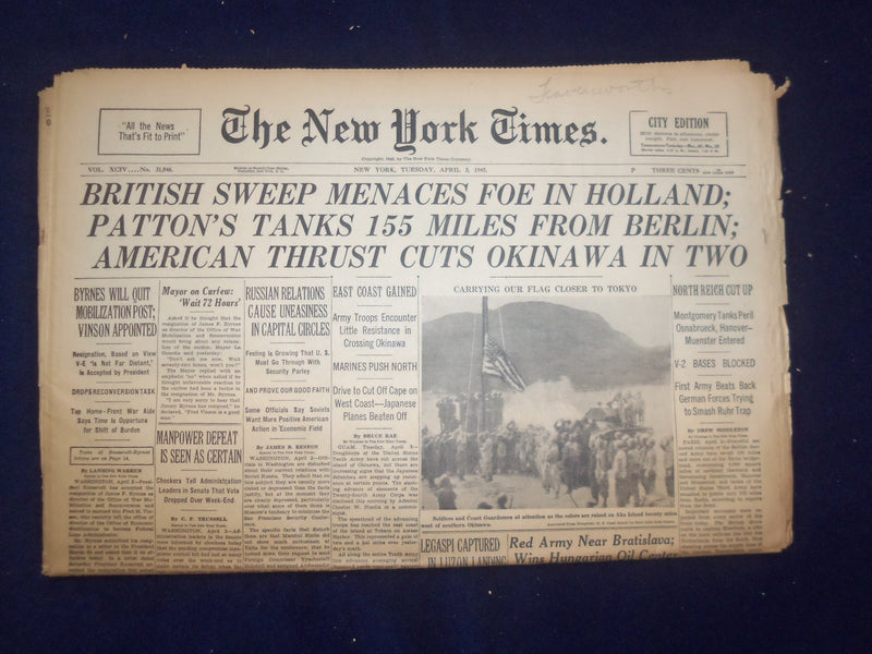 1945 APRIL 3 NEW YORK TIMES - BRITISH SWEEP MENACES FOE IN HOLLAND - NP 6684
