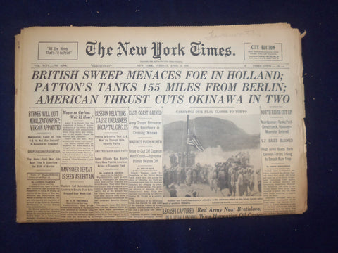1945 APRIL 3 NEW YORK TIMES - BRITISH SWEEP MENACES FOE IN HOLLAND - NP 6684
