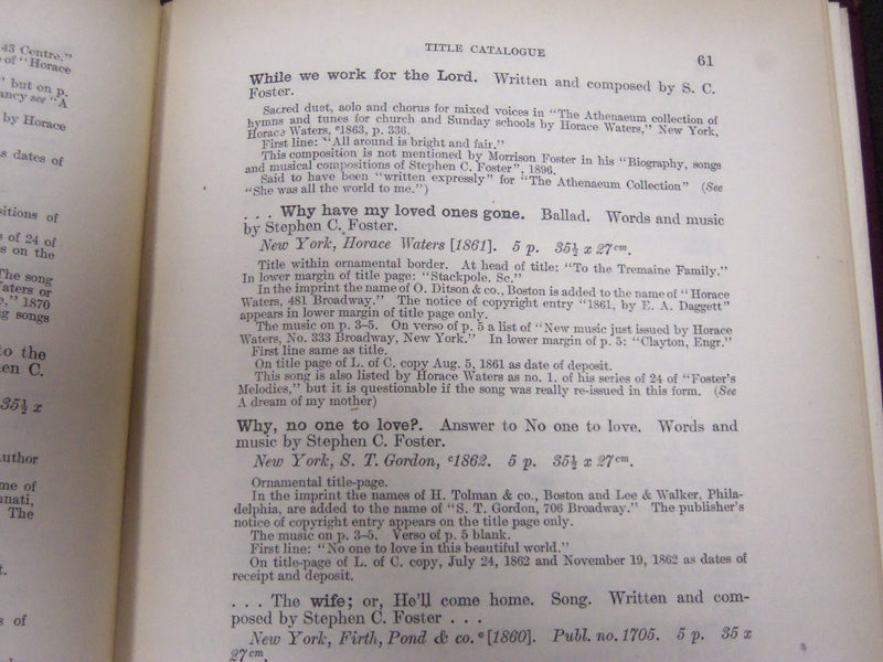 1915 LIBRARY OF CONGRESS CATALOGUE OF FIRST EDITIONS OF STEPHEN FOSTER - KD 3658
