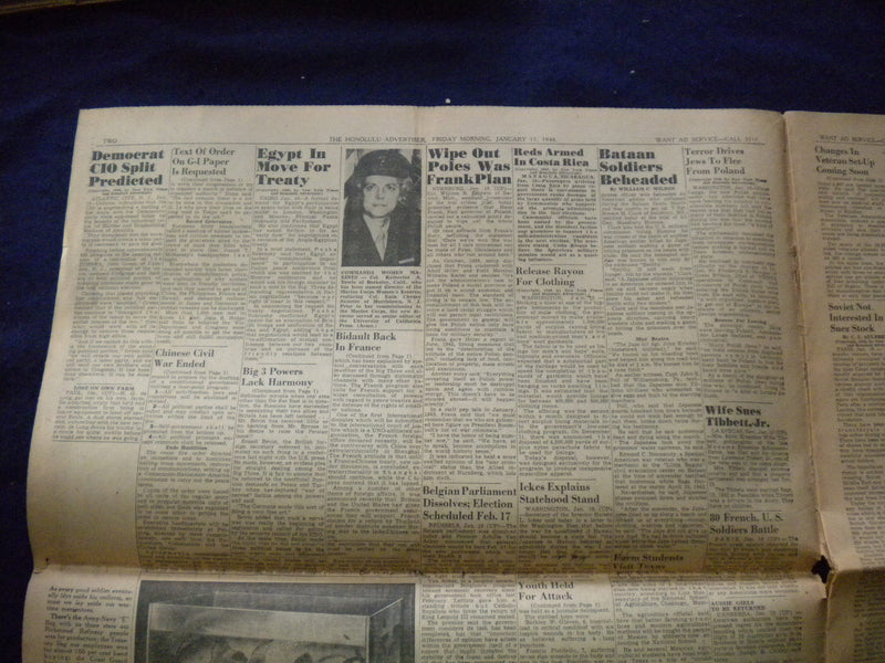 1946 JAN 11 THE HONOLULU ADVERTISER NEWSPAPER- RICHARDSON STARS-STRIPES- NP 6027