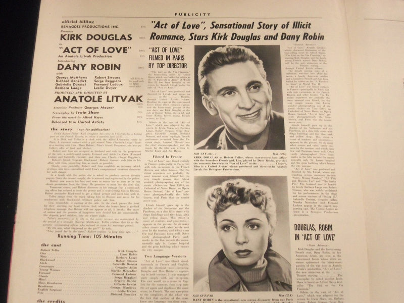 1953 ACT OF LOVE MOVIE PRESS BOOK STARRING KIRK DOUGLAS & DANY ROBIN - P 5