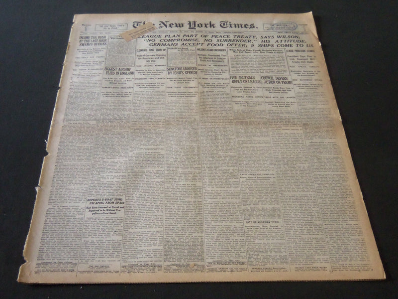 1919 MAR 16 NEW YORK TIMES LEAGUE PLAN PART OF PEACE TREATY SAYS WILSON- NT 6429